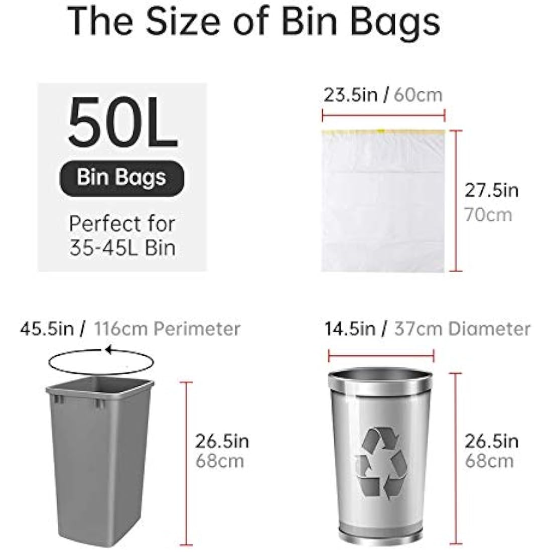 blkk Bin Bags Heavy Duty Bin Liners 50L Swing Bin Liners Strong Pedal Drawstring Bin Bags with Tie Handle Unscented (5 Rolls, 100 Counts in All)