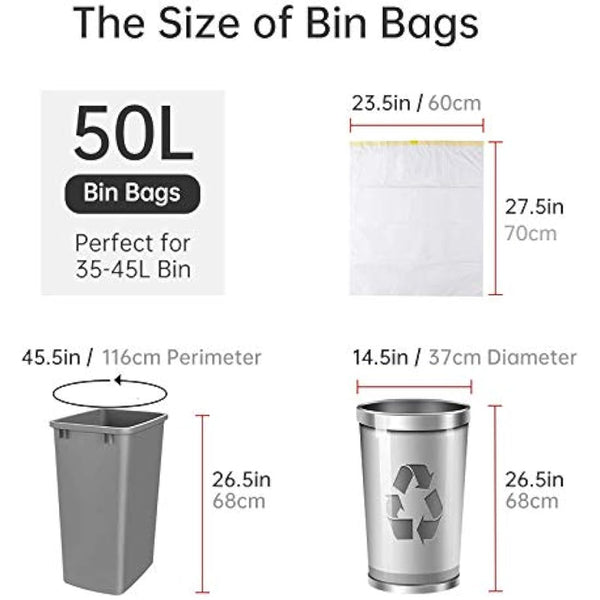 blkk Bin Bags Heavy Duty Bin Liners 50L Swing Bin Liners Strong Pedal Drawstring Bin Bags with Tie Handle Unscented (5 Rolls, 100 Counts in All)
