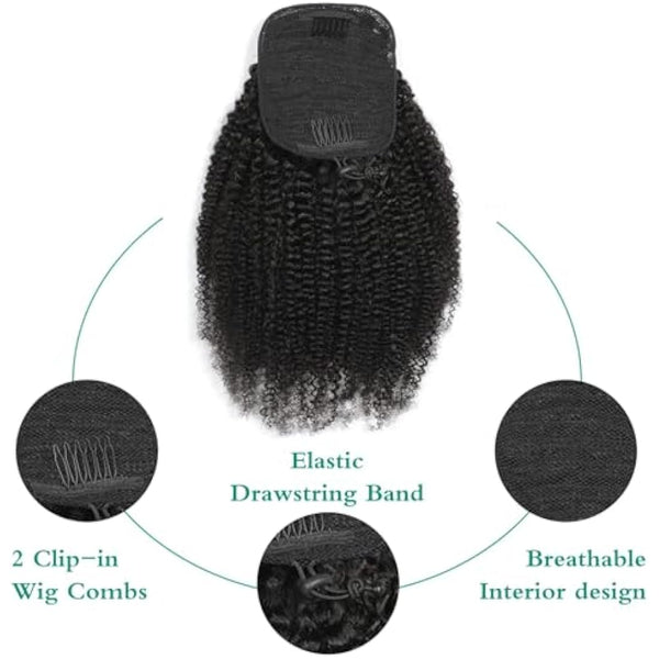 Afro Puff Drawstring Human Hair 4C Afro Kinky Curly Ponytail for Black Women - Natural Black Ponytail Extension - 16 Inch