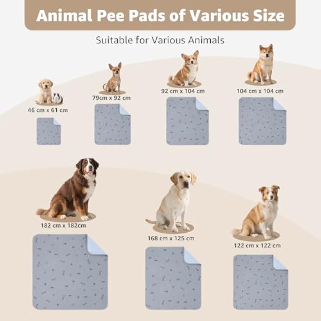 Washable Pee Pads for Dogs, 2Pack Puppy Pads Washable,Absorbent Reusable Whelping Pads Non-Slip Dog Mats with Bone Print for Floor Protector, Couch Cover, Crate, Potty Training -122x122CM