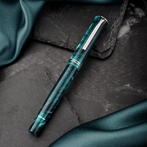 Hongdian N2 Fountain Pen, Iridium Extra Fine Nib Teal Blue Acrylic Design, Smooth Writing Pen with Converter and Metal Pen Box Set