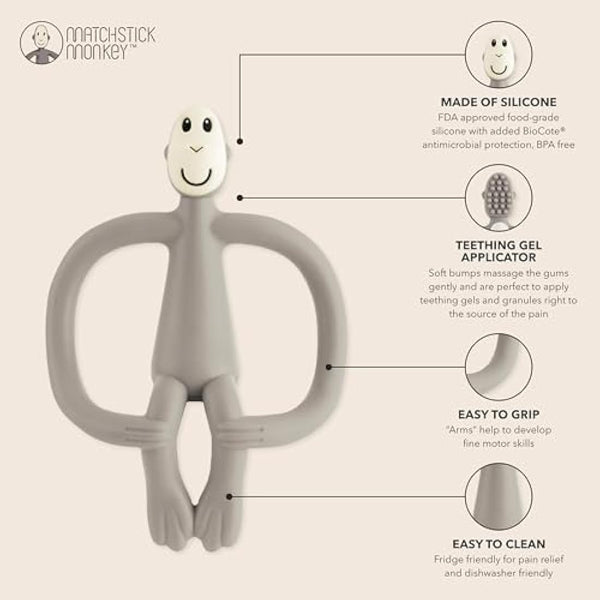 Matchstick Monkey, Original Teether & Gel Applicator, Antimicrobial Silicone Teething Toys for Baby, Easy to Grip, BPA Free, 3 Months Old+, 10.5 cm, Grey Monkey