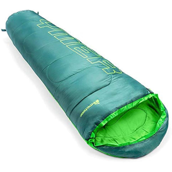 Meteor - YMER Kids Sleeping Bag – Camping Equipement for Girls, Boys & Teens – Compact Travel Gear for Hiking, Sleepover – Winter, Spring, Summer or Fall – for Kids 155 cm Tall - Dark Green/Green