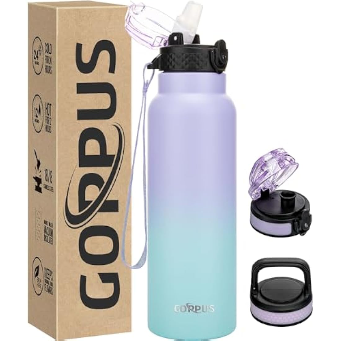 GOPPUS 750ml/26oz Stainless Water Bottle with Straw Double Wall Insulated Bottles with Strap Reusable Vacuum Thermal Flask Leakproof Keep Cold Drinks Bottles with Flip Top Lid for Men Women BPA Free