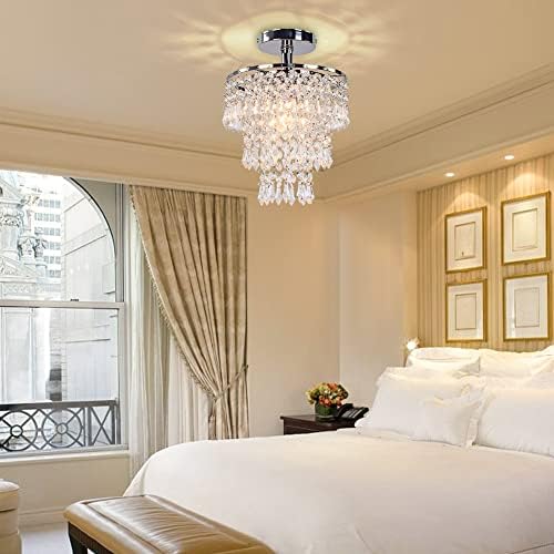 FRIXCHUR Modern Crystal Chandelier Ceiling Light Fitting Hallway Lights Ceiling Light 3 Tiers Crystal Raindrop Chandelier for Bedroom Living Room Dining Room (Chrome)