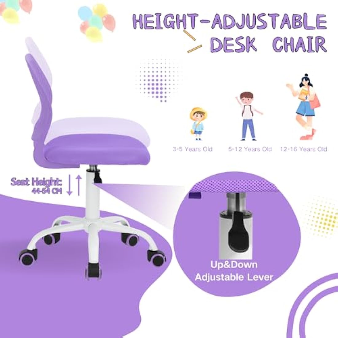 Homy Casa Desk Chair Adjustable Swivel Office Chair Fabric Seat Ergonomic Task Chair without Armrest, Purple