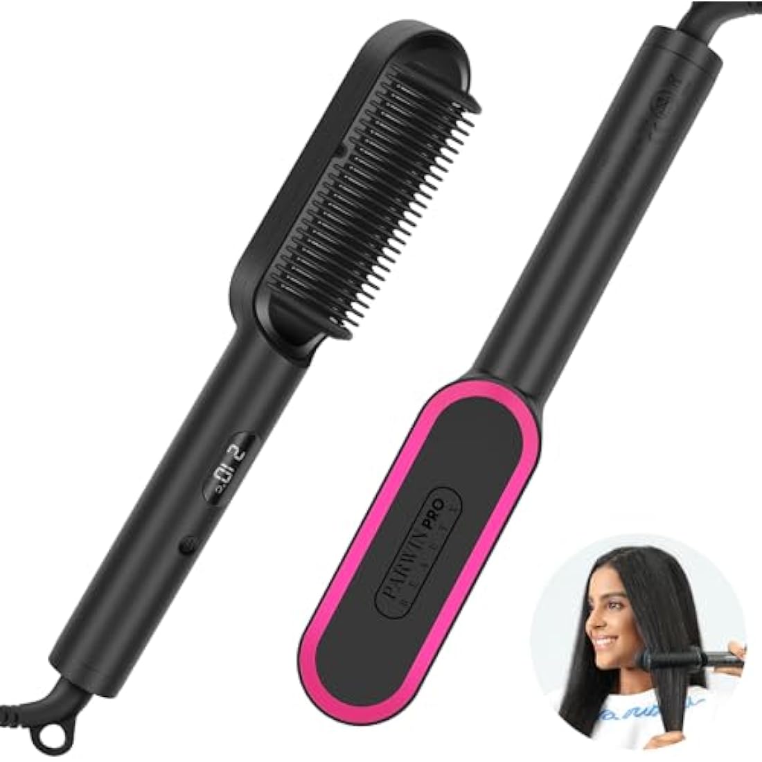 2 in1 Ionic Hair Straightener Brush, PARWIN PRO BEAUTY Hair Straightener Brush with 20s Fast Heating, Anti-Scald Design, 4 Heating Settings & LED Display, Keratin Ceramic Coating, Dual Voltage