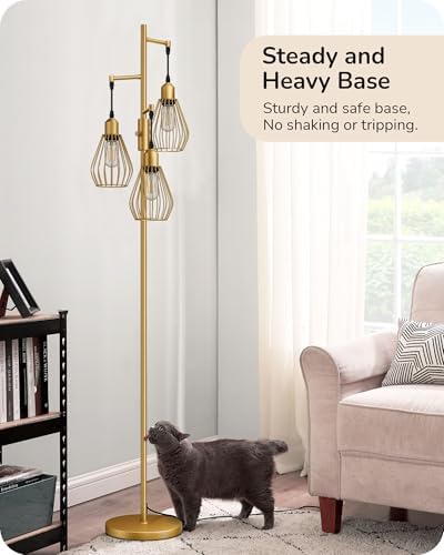 EDISHINE Industrial Floor Lamp, Dimmable Standing Lamp with Wire Cage Lampshade, Floor Lamps for Living Room, Bedroom, E27 Sockets, 3 LED Bulbs Included, Gold Metal