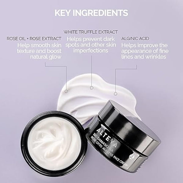 Alteya Organic Ageless Rose Face Cream 50ml - NaTrue Certified Organic - Bulgarian Rose Oil and the Bio DamascenaTM- Skin Reviving Complex - Restaurative, Promoting a Radiant Glowing Appearance