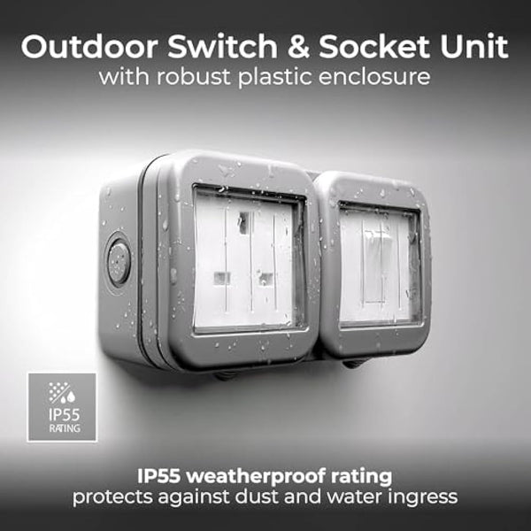 BG Electrical Outdoor Single Unswitched Power Wall Plug Socket and Single Wall Switch Combo, Weatherproof, 13A, IP55 Rated, WPB21