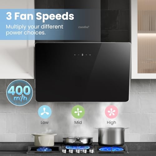 COMFEE' 60cm Angled Cooker Hood ANGJ64B-60 Tempered Glass Extractor Hood with Touch Screen, LED and Recirculating & Ducting System Wall Mounted Extractor Fan kitchen 600mm - Black