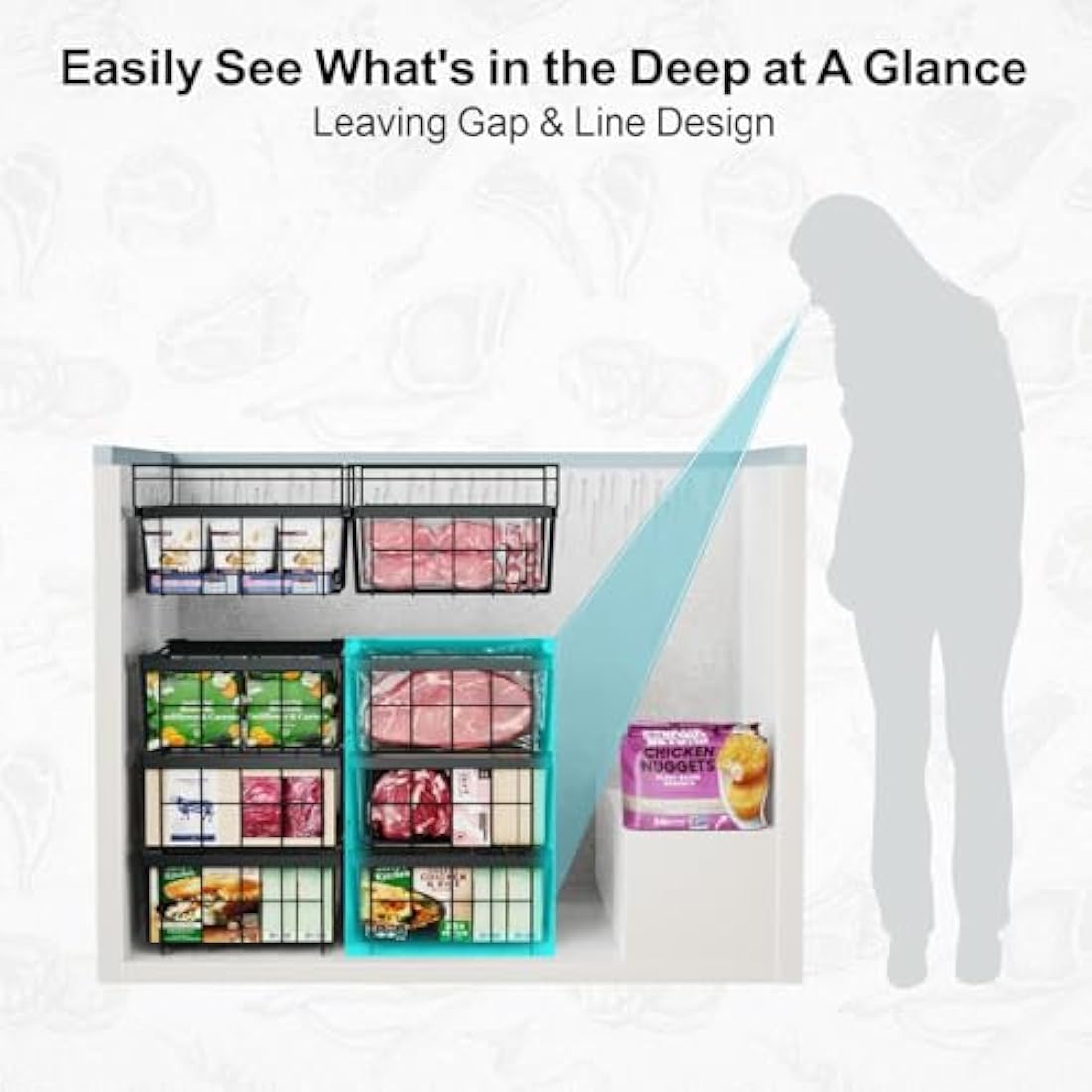 iSPECLE 2 Pack Hanging Freezer Baskets - Fit 283 to 566L Depp Freezers, Expandable Large Chest Freezer Baskets Add Space Easy Slide to Get Bottom Food, Black