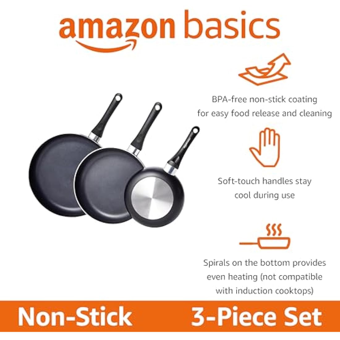 Amazon Basics 3-Piece Non-Stick Frying Pan Set, 20 cm, 25 cm, and 30 cm, Variety Pack, Black