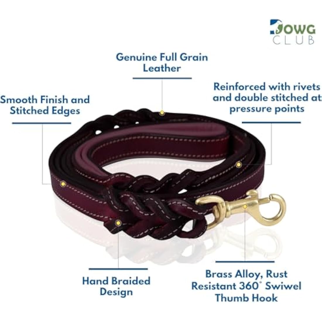 DowgClub | 6' Genuine Leather Dog Leash | Heavy Duty, Handmade, Braided, Strong | for Medium, Large, X-L Dog | Dual Handle Design, Padded & Traffic, DRing | Black, Brown, Cherry, Tan (6 feet, Cherry)
