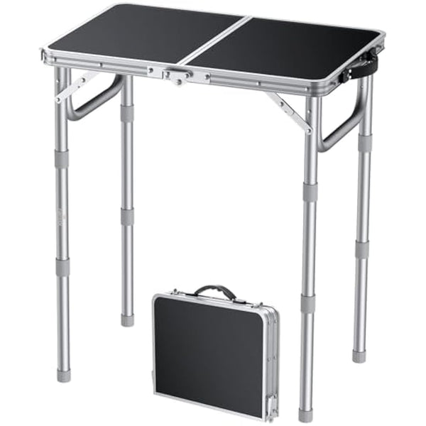 FUNYKICH 2ft Small Folding Camping Table, 3 Height Adjustable Portable Picnic Table, Lightweight Aluminum Outdoor Tables with Carry Handle for Camping, Picnic, BBQ, 58x40cm(L22.8 xW15.7), Silver