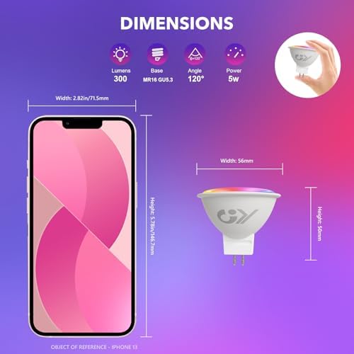 GY MR16 Smart LED Bulb,5W 300lm GU5.3 WiFi LED Light Bulb,Compatible with Alexa/Google Home 2.4 GHz WLAN,Dimmable Warm White Cold White and Multicolour Bulb, Control by APP, 6 PCS