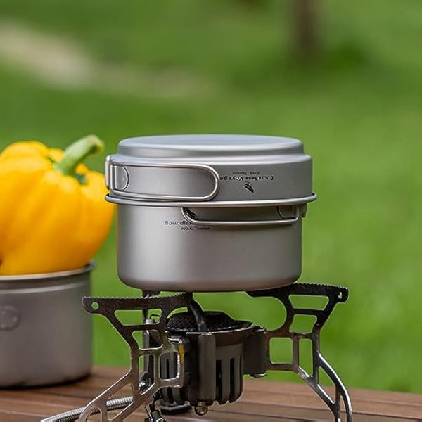 iBasingo Titanium Pot Pan Set Camping Cookware Ultralight Outdoor Backpacking Cooking Set with Folding Handle