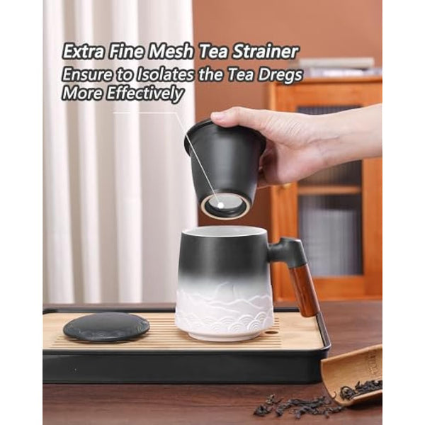ZENS Tea Mug With Infuser and Lid, 500ML Embossed Ceramic Loose Leaf Cup With Fine Strainers for Diffusers, Wood Handle Infuser Mug for Steeper, Accessories for Women, Gifts for Tea Lovers