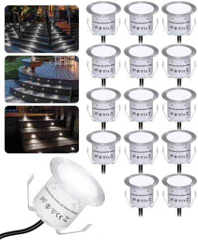 HIBOITEC 16Pcs Decking Lights, Lighting LED Deck Lights φ32mm, Cool White Decking Lighting, Waterproof Plinth Deck Light, for Outdoor, Garden, Floor Tile, Staircase, Wall Corner, Bathroom