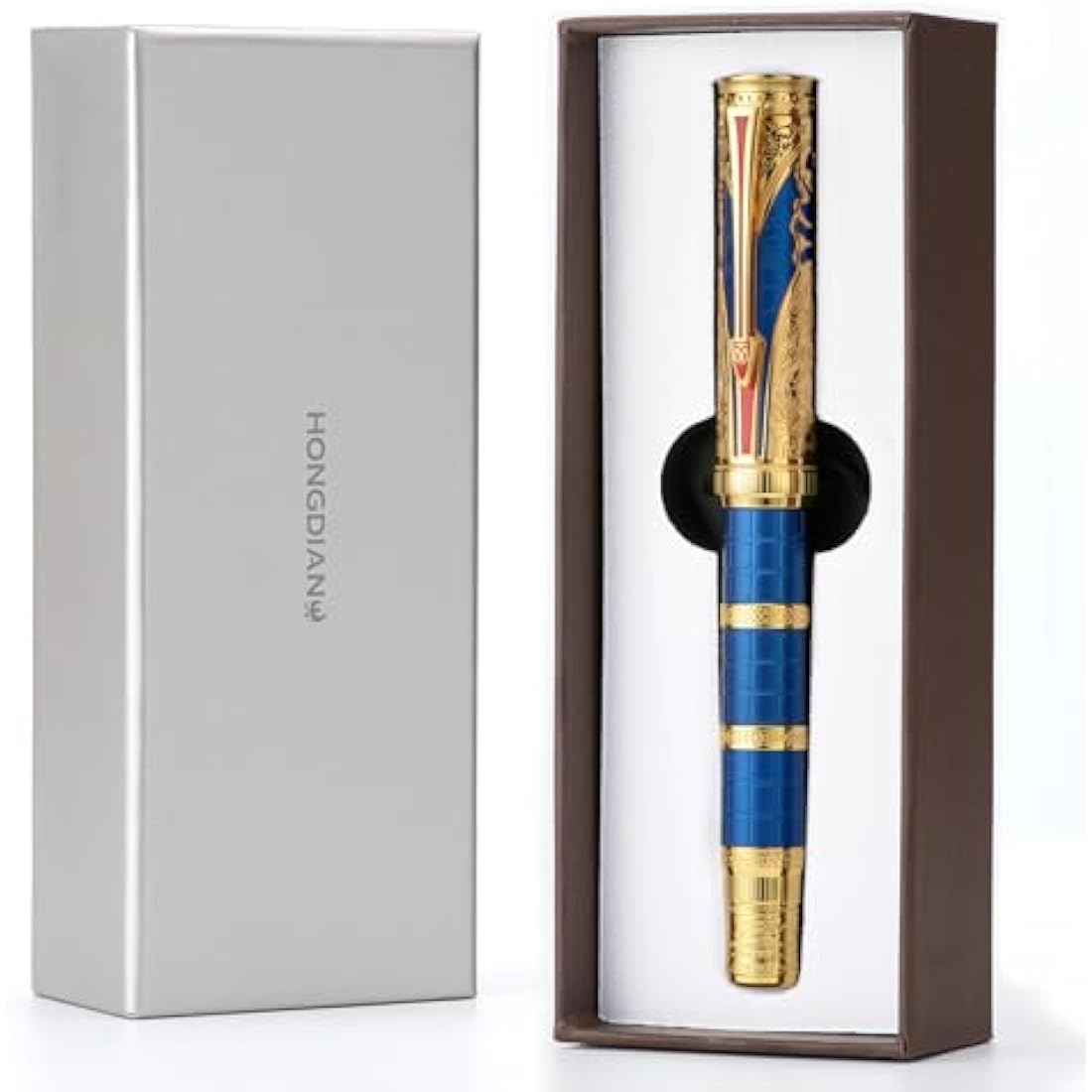 Hongdian D5 Qin Dynasty Fountain Pen Blue Gold, Fine Nib Piston Filling Pen, Retro Chinese Totem Engraving Smooth Writing Pen with Pen Box Set