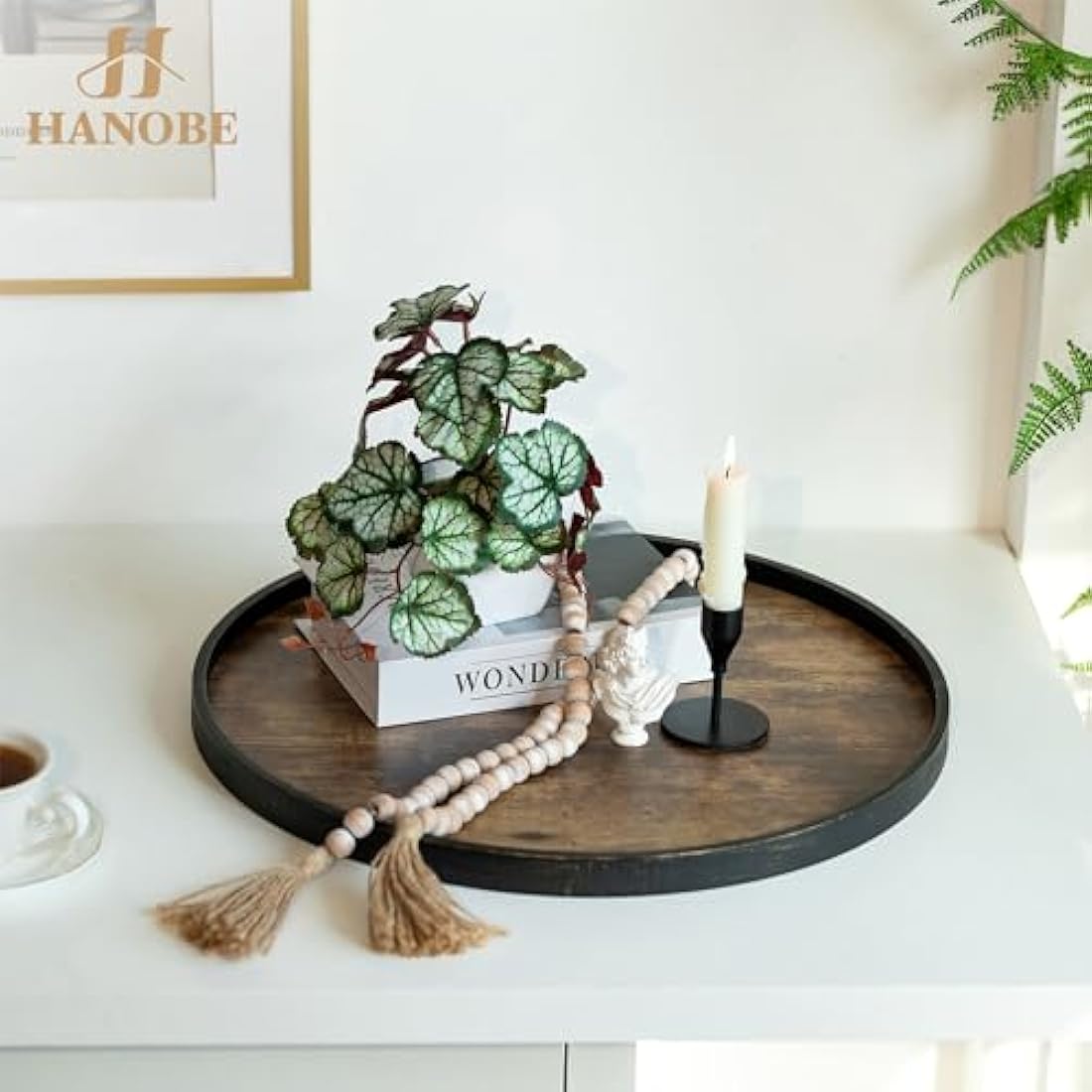 Hanobe Large Serving Tray Round: Decorative Coffee Table Tray for Ottoman Centrepiece Decor - Rustic Wooden Candle Platter for Dining Living Room Footstool 45 cm