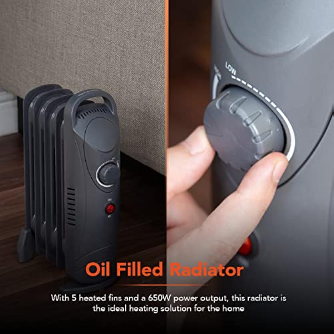 Warmlite WL43002YDT 650W 5 Fin Oil Filled Radiator with Adjustable Thermostat and Overheat Protection, Dark Titanium