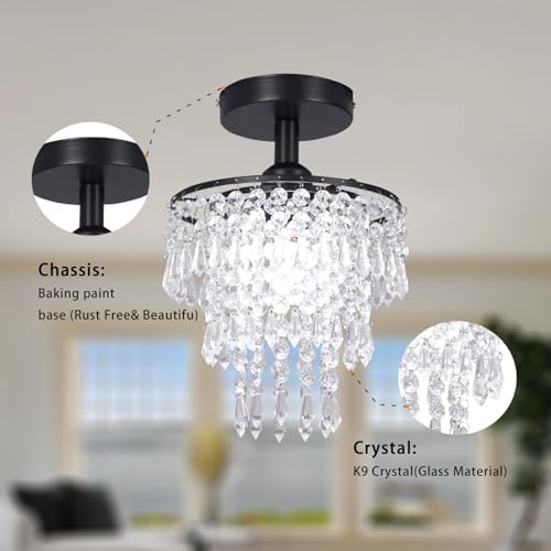FRIXCHUR Mini Crystal Chandelier Ceiling Light Hallway Black Ceiling Lighting Fixture 3 Tiers Crystal Raindrop Flush Mount Chandeliers for Bedroom Kitchen Dining Room