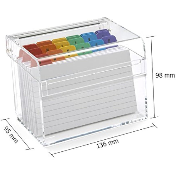 OSCO Clear Acrylic Index Box | Small | A to Z Divider Tabs | 100 Lined Note Sheets Included (5" X 3") | Ruled Revision Flash Cards | Recipe Notes | Contacts Filing | Fits 127 x 76 mm