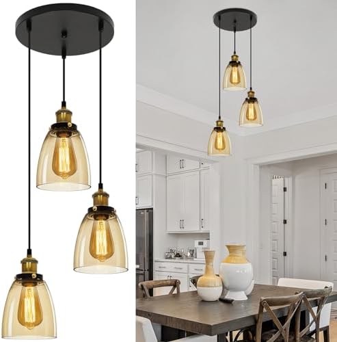 FORCOSO Vintage Glass Pendant Light 3 Lights - Pendant Lighting Ceiling with Glass Lampshade, Adjustable Height Hanging Lamp Fixture for Loft Kitchen Island Dining Room(NO Bulbs) - Cognac