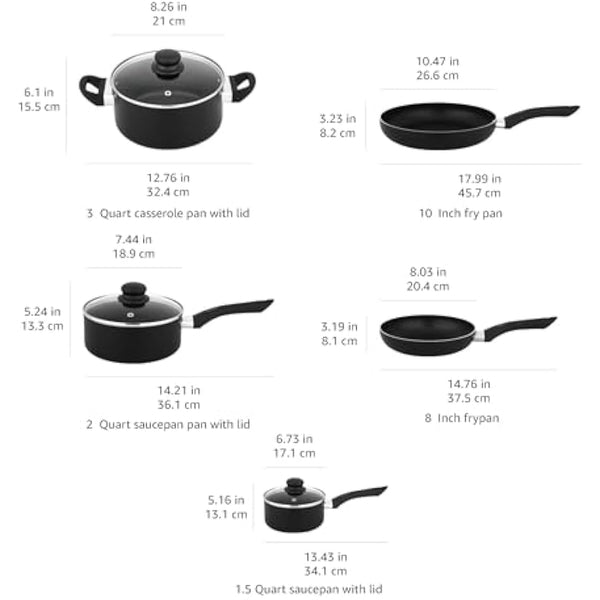 Amazon Basics 8-Piece Non-Stick Cookware Set, Black