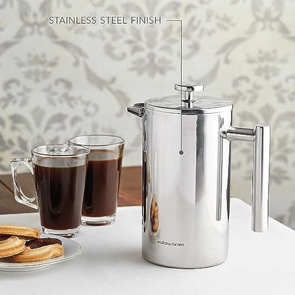 andrew james Double Walled Stainless Steel Cafetiere Gift Set With 3 Mesh Filters, Coffee Measuring Spoon And Bag Sealing Clip, Delicious French Press Coffee, Easy to Clean (1000ml, Stainless Steel)