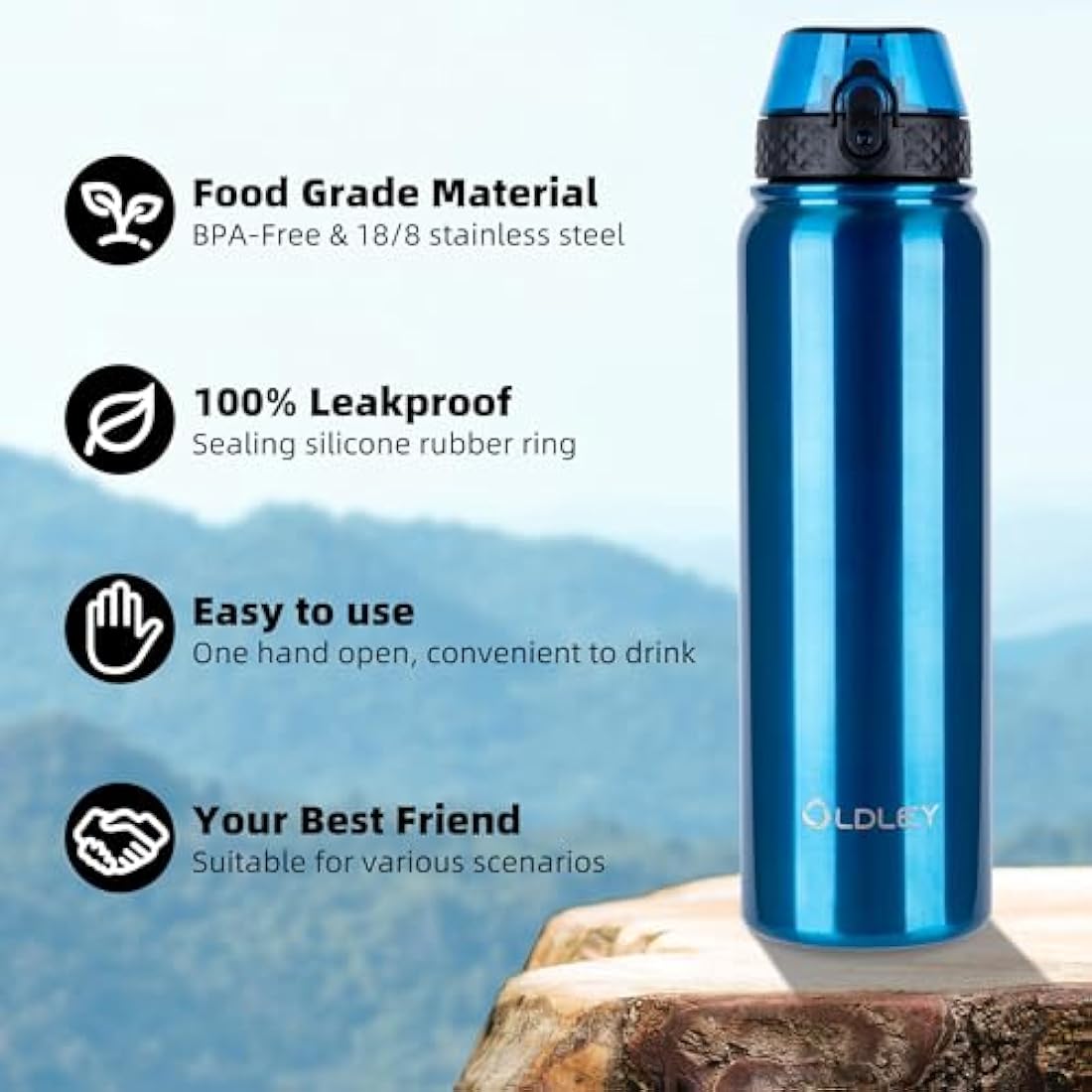OLDLEY Stainless Steel Water Bottle with Straw 1L Vaccum Insulated Large Drink Flask Metal Water Bottles 1 Litre Leakproof Keep Drinks Hot Cold for Sports Travel Adult Women Men(Bright Blue, 1 Lid)