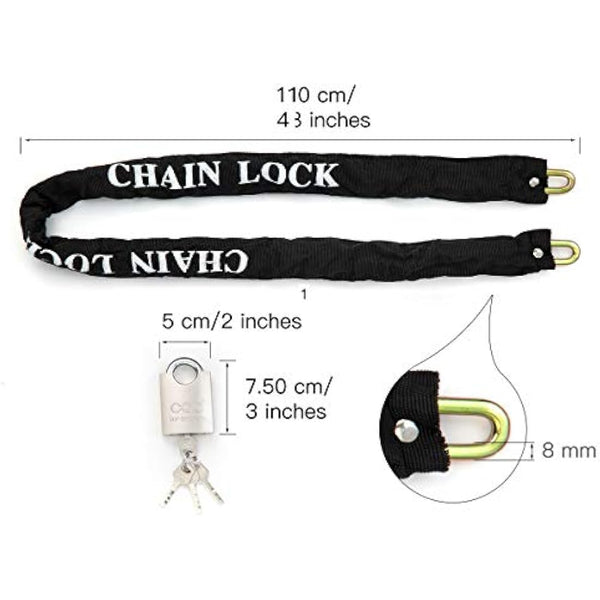 Heavy Duty Motorbike Cycle Chain Lock Padlock for Motorcycle Bike Bicycle Door Gate Fence Safety & Security Accessories (Steel Dia.8mm Chain Length 1.1M)