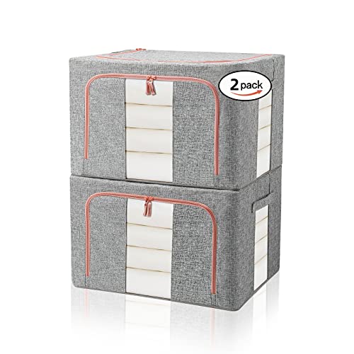 FUSACONY Closet Organizers and Storage, Foldable Oxford Cloth Steel Frame Box,2 Pack,Clear Window & Carry Handles, Waterproof, can Hold Large-capacity