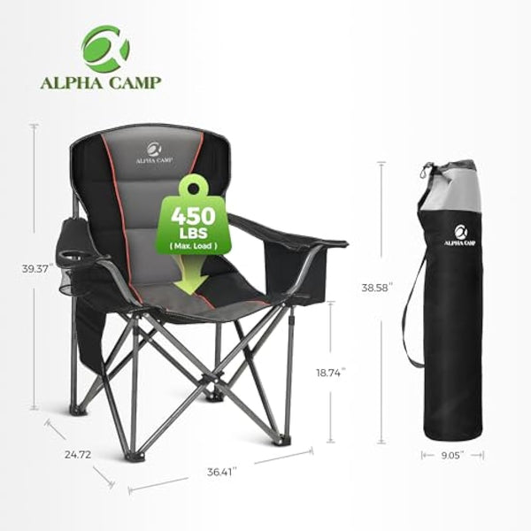 ALPHA CAMP Camping Chairs for Adults Heavy Duty Camping Chair Up to 200 kg Folding Camp Chair with Cup Holder and Cooler Bag for Outdoor Picnic Fishing, Lightweight and Portable, Black