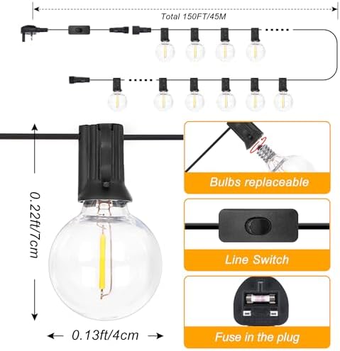 DSLebeen Festoon Lights Outdoor Garden: LED String Lights Mains Powered 45M 150FT G40 Globe Bulbs Warm White 2700K Connectable Decorative Outside Lighting Hanging for Patio, Gazebo, Pergola, Yard
