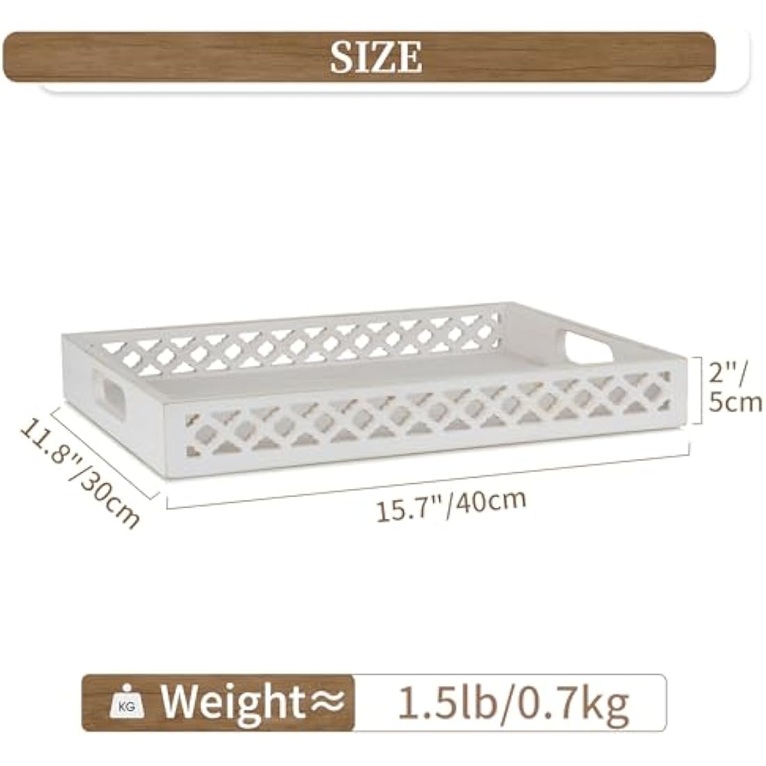 Hanobe Wooden Serving Decorative Tray: White Coffee Table Centerpiece Wood Trays with Handles for Ottoman Rectangle Large Farmhouse Home Decor, Hand Carved