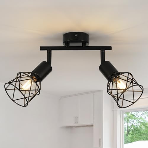 FORCOSO Ceiling Lights Spotlight, 2 Way Spot Lights 350°Adjustable, E14 Base Black Light Shade Metal Wire Cage Light Fittings, Industrial Wall Ceiling Lamp for Kitchen Living Room Hallway Bedroom