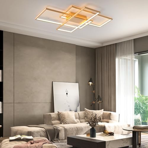JIINOO Dimmable LED Ceiling Light, 110cm Flush Mounted Ceiling Light with Remote Control, 70W Square Acrylic Modern Simple Design Fixture for Bedroom Living Room, Gold