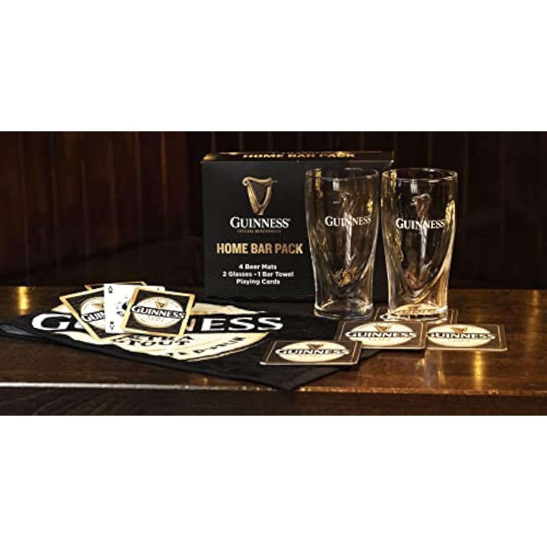 Guinness Home Bar Pack - Gravity Pint Glasses, Bar Towel & Playing cards