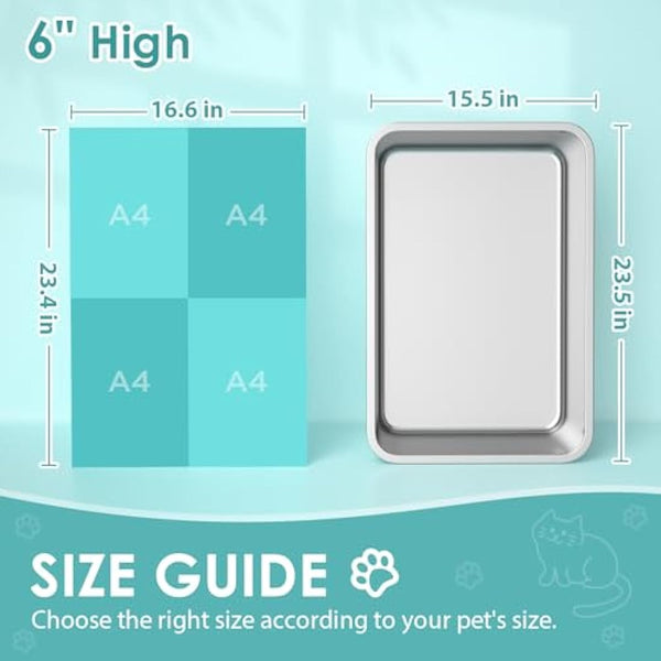 Stainless Steel Cat Litter Box, Large Metal Litter Tray for Cats Rabbits, Never Absorb Odors, Stain Free, Rustproof, Non Stick Smooth Surface, Anti-Slip Rubber Bottom, Easy to Clean, 23.5"Lx15.5"Wx6"H