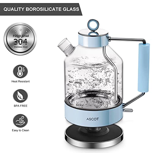 Electric Kettle, ASCOT Glass Electric Tea Kettle 1.5L 2200W Tea Heater & Hot Water Boiler, Borosilicate Glass, BPA-Free, Auto Shut-Off and Boil-Dry