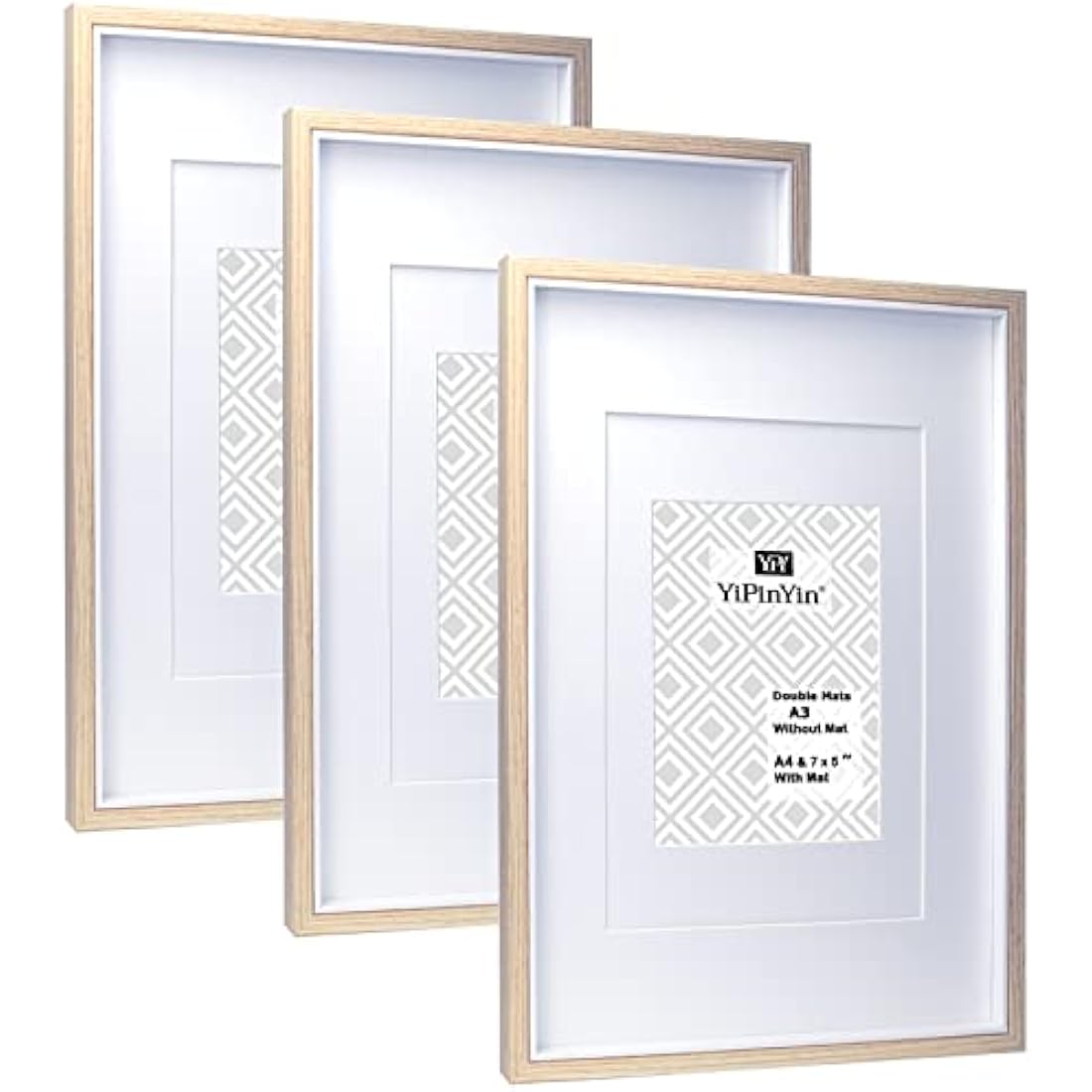 A3 Wooden & white Two Tone Picture Frames Set of 3 with Double Mounts for A4 & 6x8 photo, A4 boxed photo frames for 3pack, A3 wooden Poster Frame with Mount for picture Frames