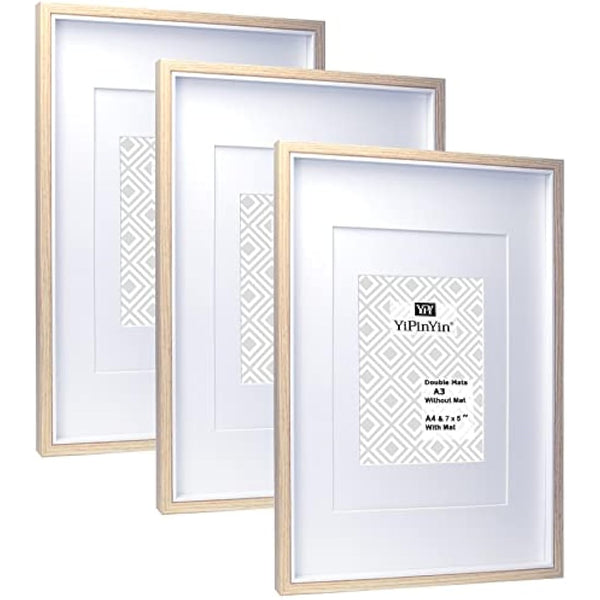 A3 Wooden & white Two Tone Picture Frames Set of 3 with Double Mounts for A4 & 6x8 photo, A4 boxed photo frames for 3pack, A3 wooden Poster Frame with Mount for picture Frames
