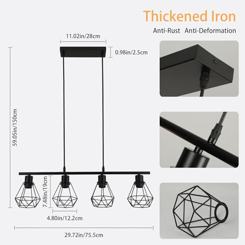 FORCOSO Pendant Lights 4 Lights, Industrial Metal Caged Ceiling Light Fittings E27 Black Hanging Lamp Light Fixture for Kitchen Island Dining Room