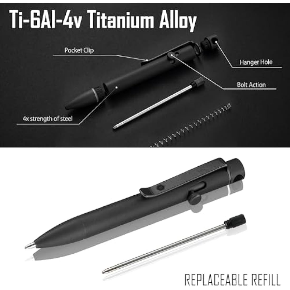 KeyUnity KP04 Titanium Alloy Ballpoint Pen with Clip, Retractable EDC Pocket Pen for Daily Use (Black)