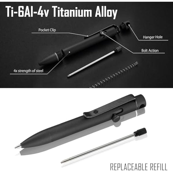 KeyUnity KP04 Titanium Alloy Ballpoint Pen with Clip, Retractable EDC Pocket Pen for Daily Use (Black)