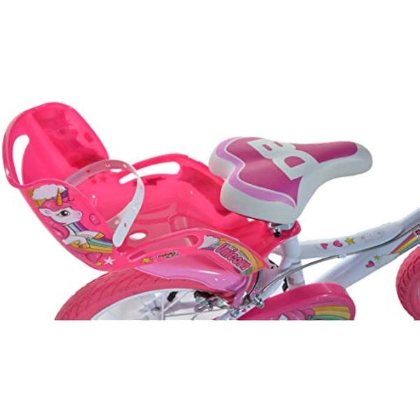 Dino Bikes Unicorn Kids Bike 16-inches, Girls, White/Pink with Doll Seat, Basket and Stabilisers