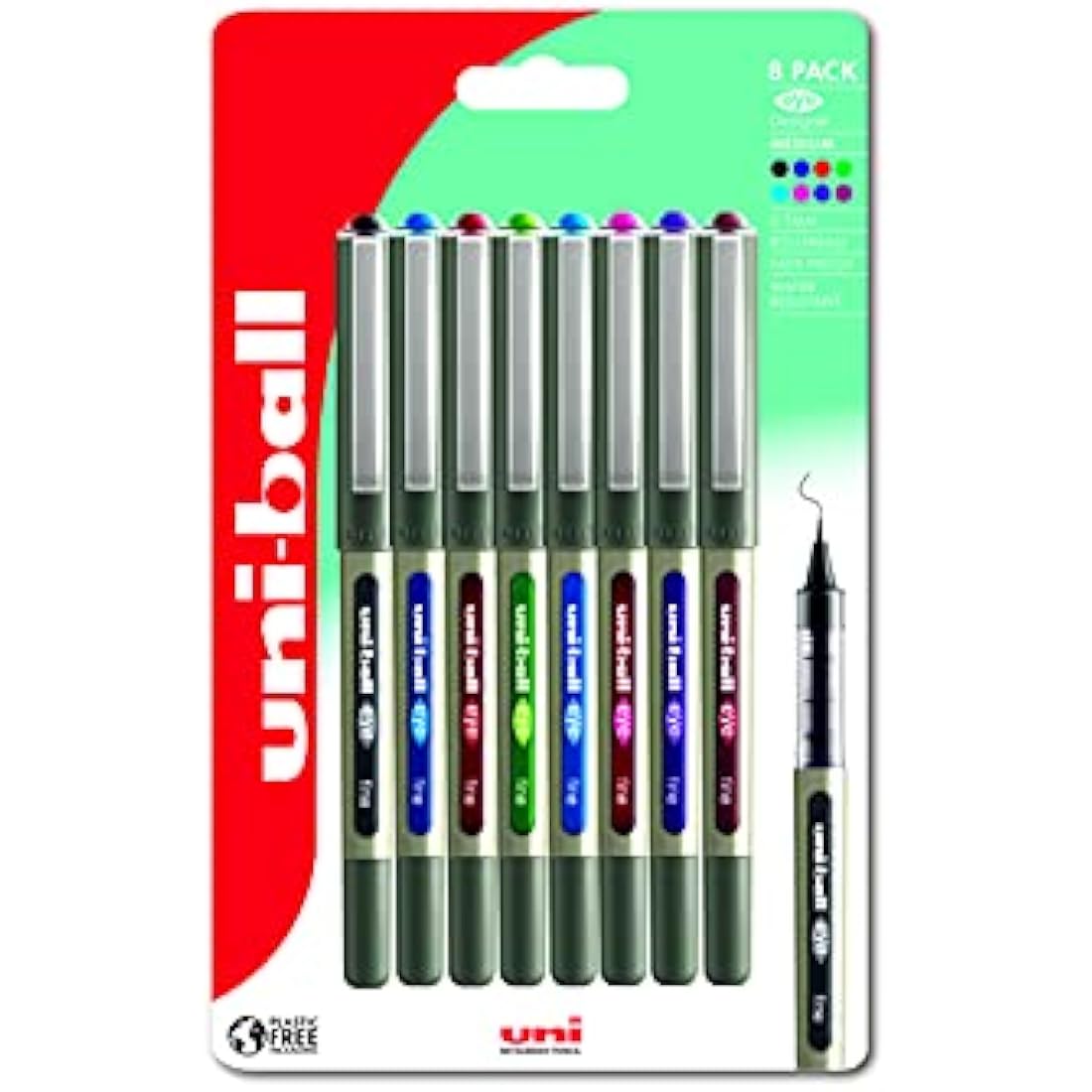 uni-ball UB-157 Eye Rollerball Pens. Premium Fine 0.7mm Ballpoint Tip for Super Smooth Handwriting, Drawing, Art, Crafts and Colouring. Fade and Water Resistant Liquid Uni Super Ink. 8 Pack Assorted
