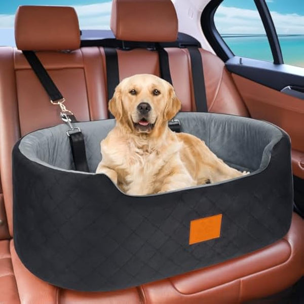 Dog Car Seat for Large/Medium Dogs Under 55 lbs, Travel Bed with thick Washable Booster with Non-Slip Base, Fits SUV & Car Back Seat (Black/Grey)